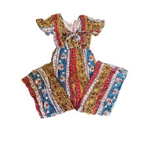 Band‎ of Gypsies Boho Paisley Floral Wide Leg Jumpsuit Tie Neck Short Sleeve M